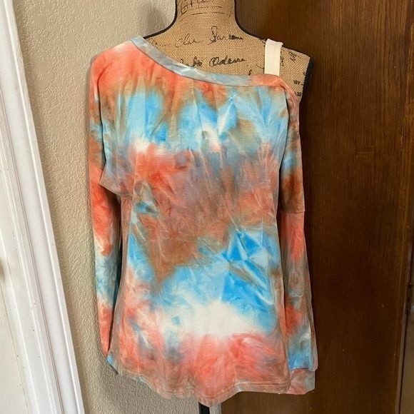 Medium Tie-Dye Oversized Top Off-the-Shoulder Cold-Shoulder Long-Sleeve Shirt - Picture 3 of 5